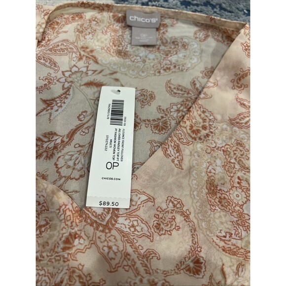 Chico’s Flounce-Front Paisley Blouse Pink Sheer Long Sleeve V-Neck Size 6 Petite - Picture 10 of 11